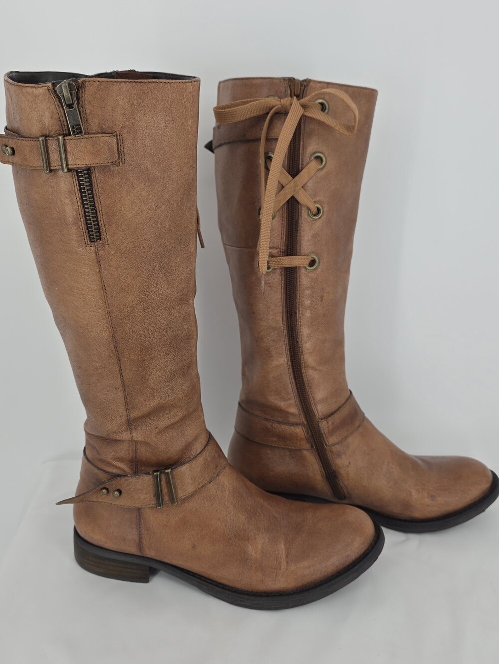 Steve Madden ALYY Womens 7 Cognac Leather Riding Boots Equestrian Lace Up Tall